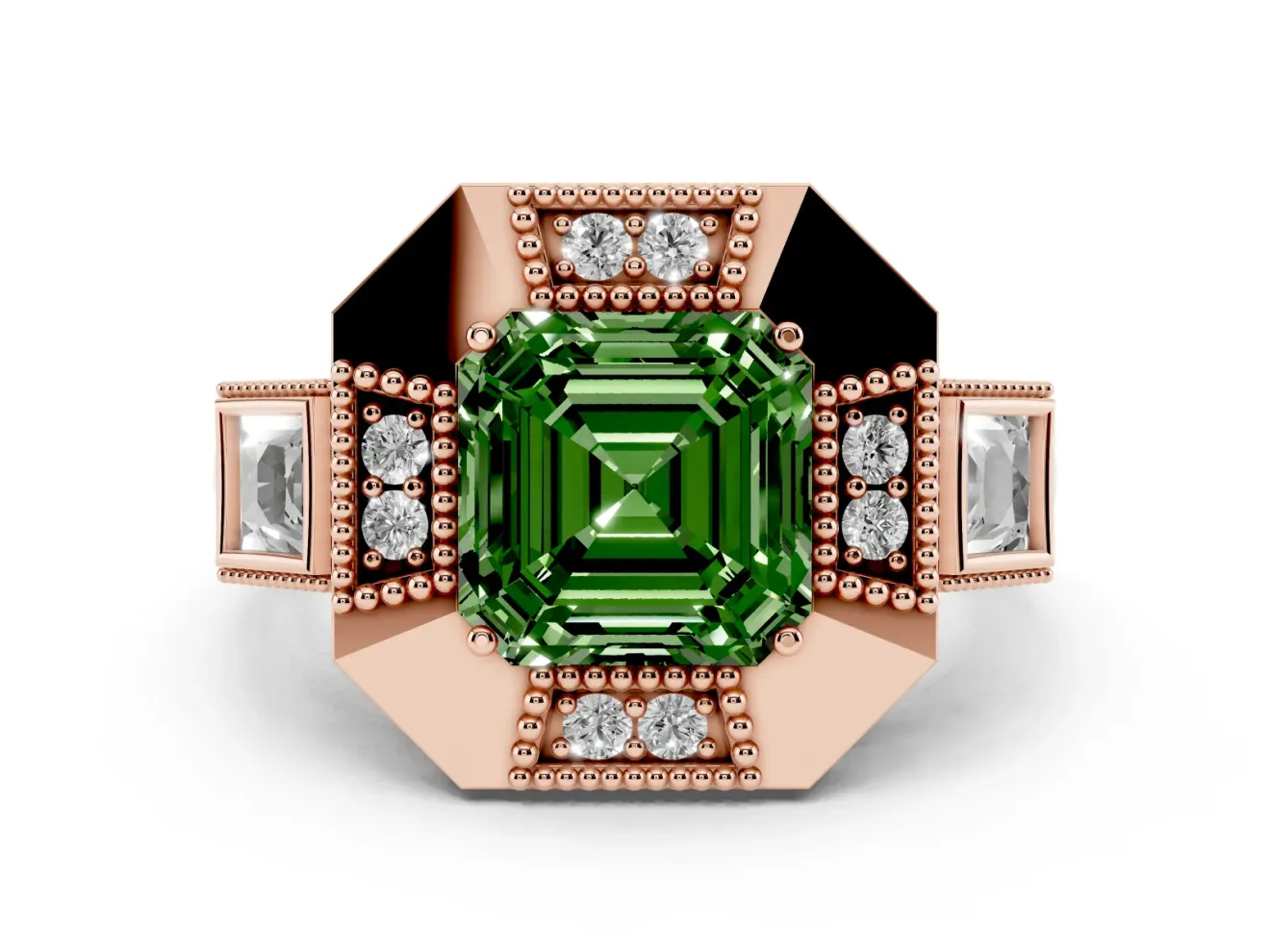 Asscher Cut Milgrain Sectioned Halo Engagement Ring Setting for a Fancy Green Lab-Grown Diamond | Rose Gold
