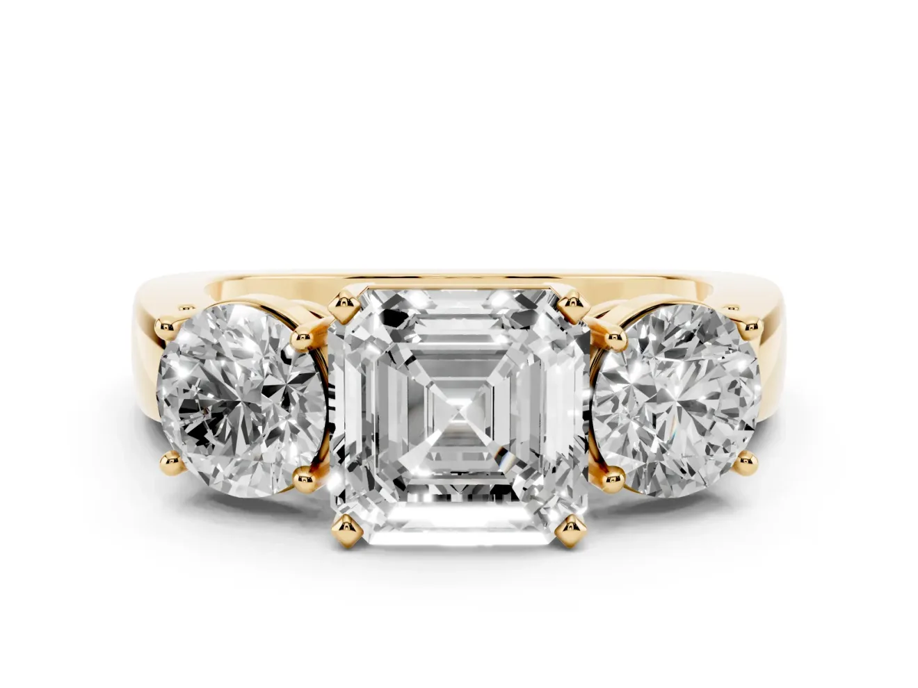 Asscher Cut Three Stone Engagement Ring Setting | Wide Plain Band | Yellow Gold