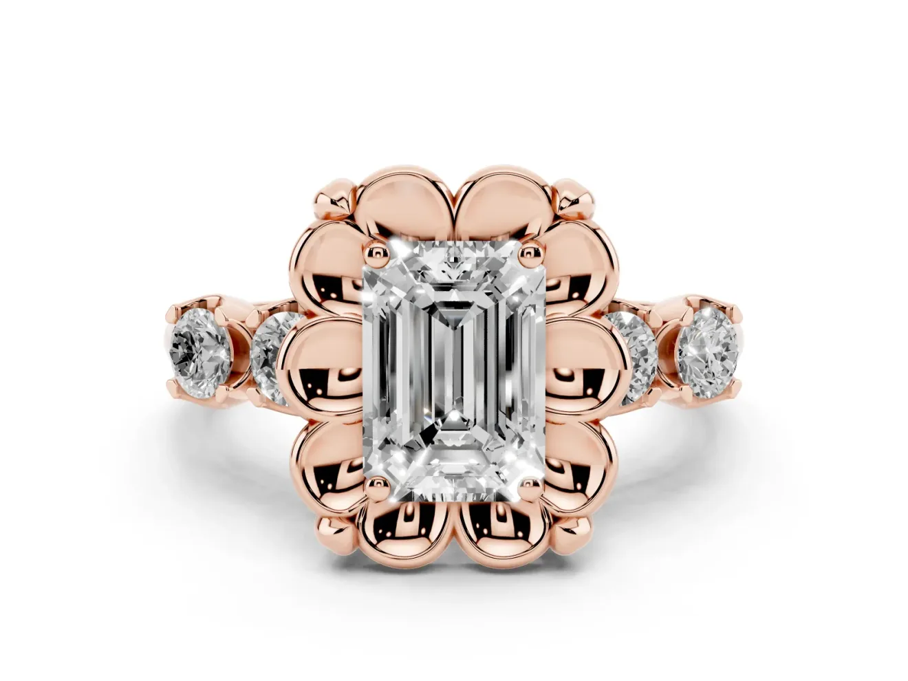 Emerald Cut Floral Engagement Ring Setting | Petal Frame and Side Stones | Rose Gold