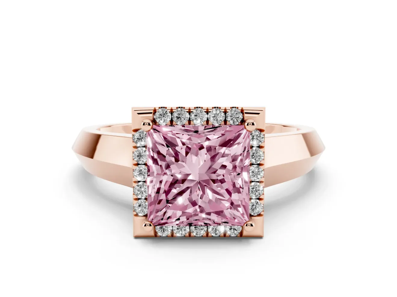 Fancy Pink Princess Cut Diamond Halo Ring Set in Rose gold with Cathedral Band and Prong Setting