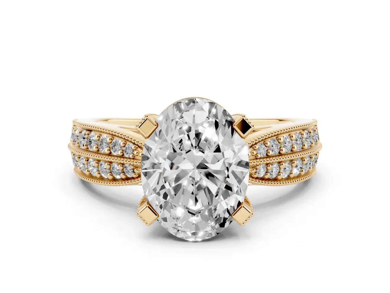 Oval Cut Diamond Solitaire Ring Set in Yellow gold with Milgrain Double Row Round Pavé Band