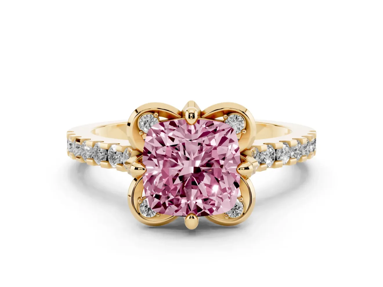 Cushion Cut Floral Petal Engagement Ring Setting for a Fancy Pink Lab-Grown Diamond | Petal Accents | Yellow Gold