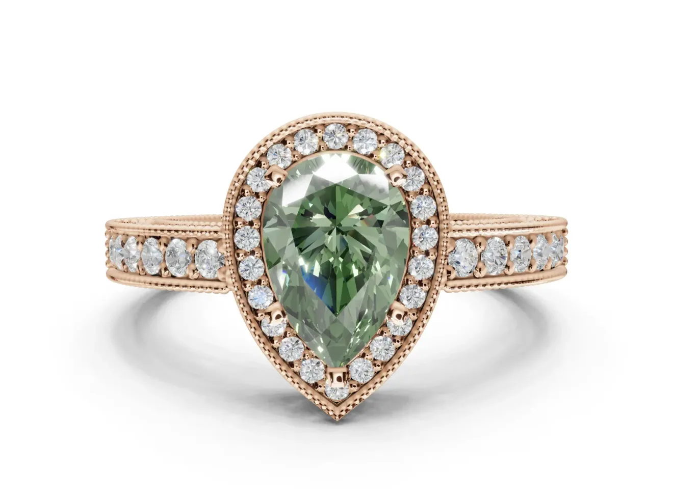 Pear-Shaped Milgrain Halo Engagement Ring Setting for a Fancy Green Lab-Grown Diamond | Wide Pavé Band | Rose Gold