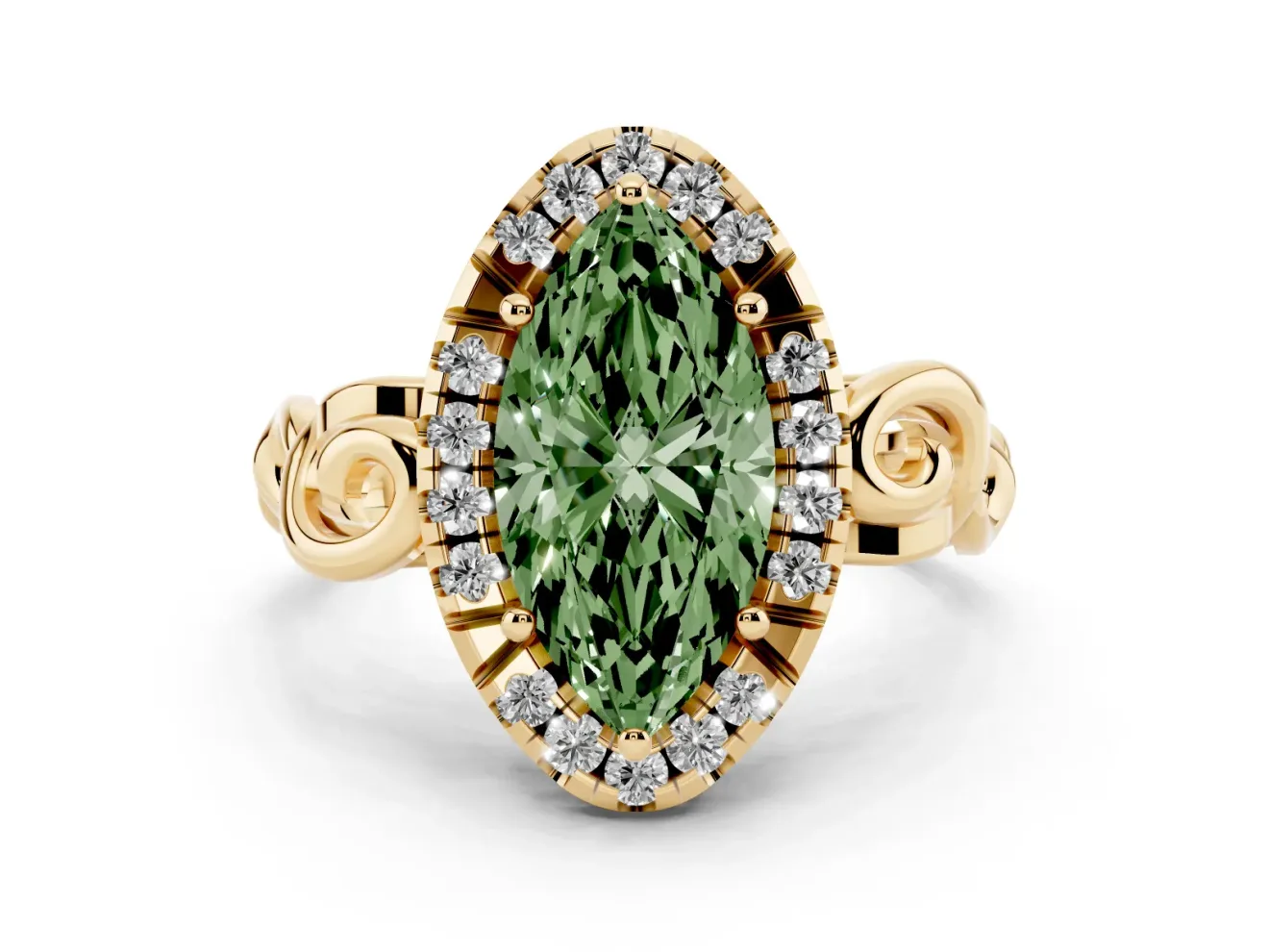 Marquise Filigree Halo Engagement Ring Setting for a Fancy Green Lab-Grown Diamond | Yellow Gold