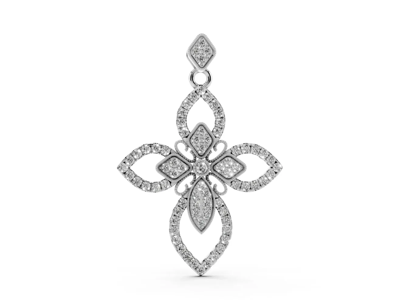 Round Lab-Grown Diamond Pavé Floral Cross Pendant Necklace | Petal Arms | Sterling Silver