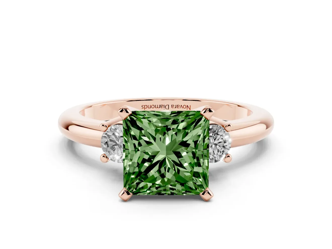 Fancy Green Three-Stone Princess Cut Diamond Ring Set in Rose gold with Prong Setting and Plain Band