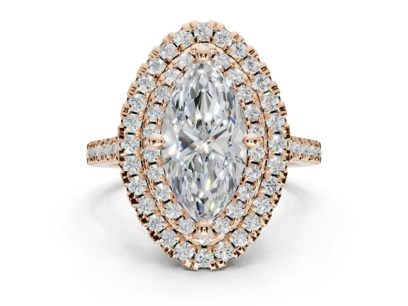 Marquise Lab-Grown Diamond Double Halo Statement Ring Set in Rose Gold with Pavé Band
