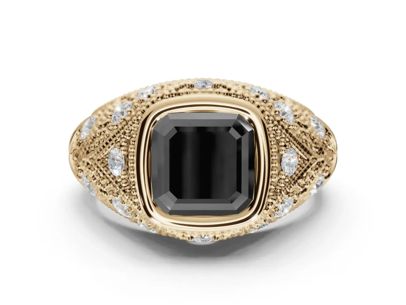 Asscher Cut Vintage Bezel Engagement Ring Setting for a Black Center | Milgrain Band | Yellow Gold