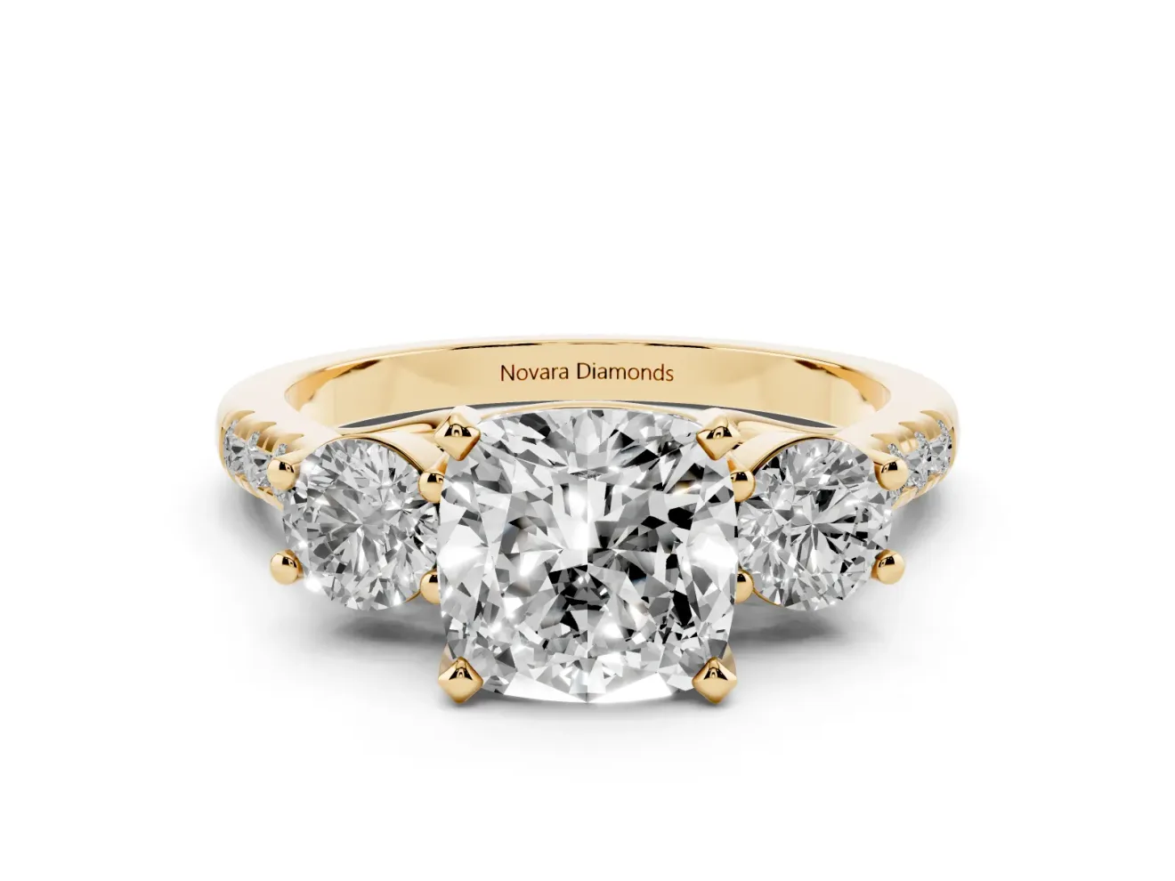 Three-Stone Cushion Cut Diamond Pavé Band Ring Set in Yellow gold with Prong-Set Trio