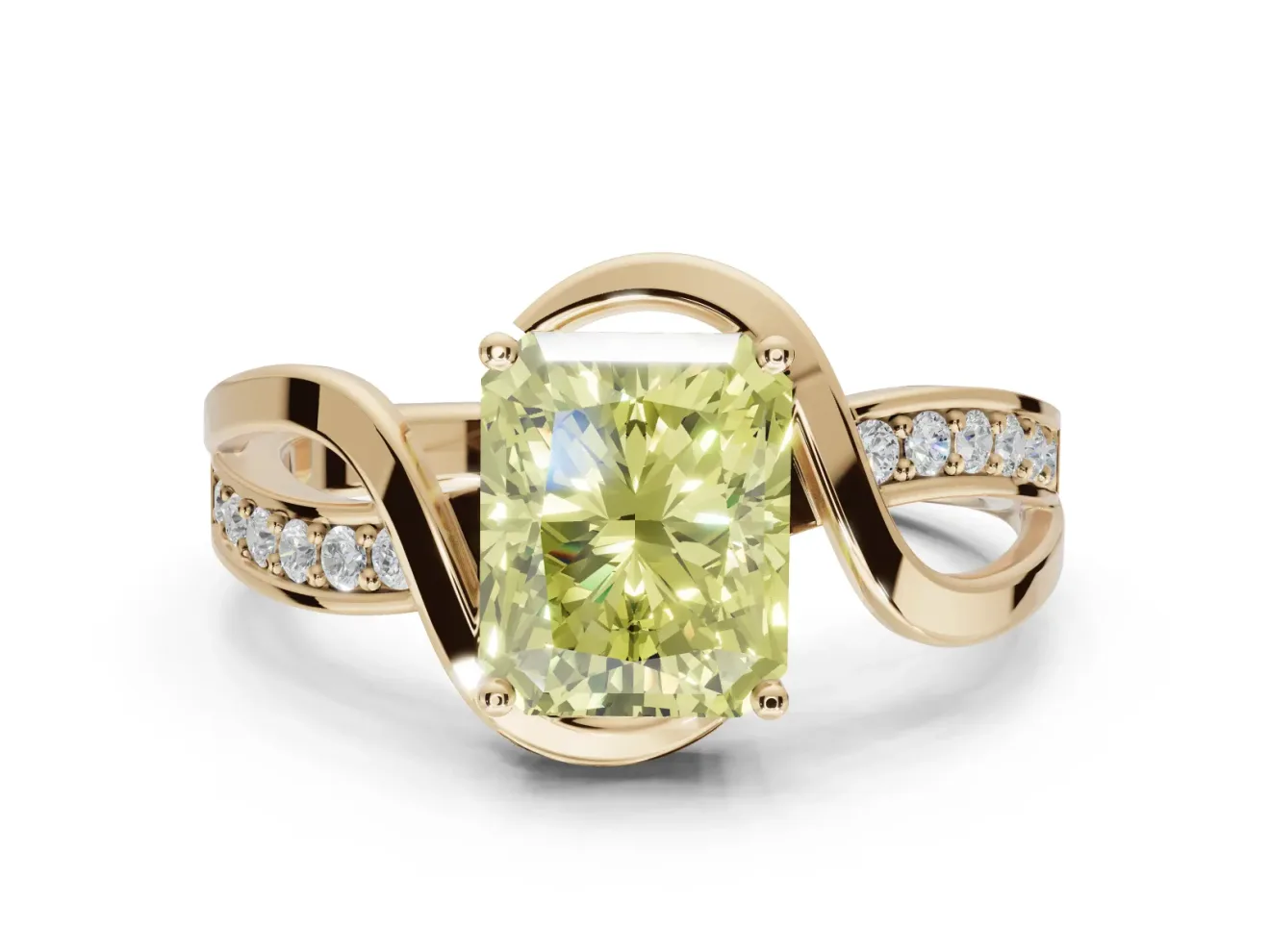Radiant Cut Bypass Solitaire Engagement Ring Setting for a Fancy Yellow Lab-Grown Diamond | Pavé Strands | Yellow Gold