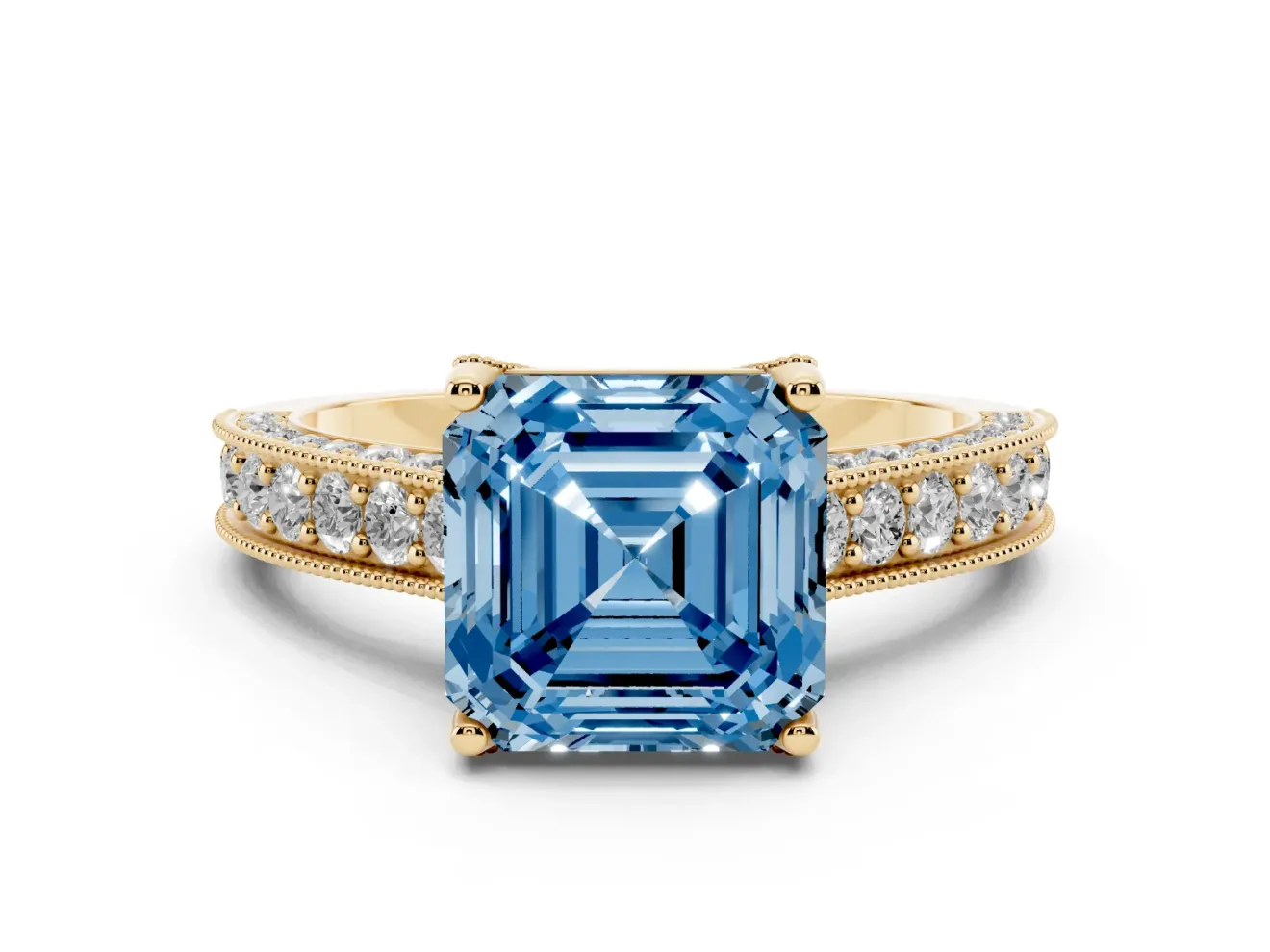 Asscher Cut Hidden Halo Engagement Ring Setting for a Fancy Blue Lab-Grown Diamond | Milgrain Pave | Yellow Gold