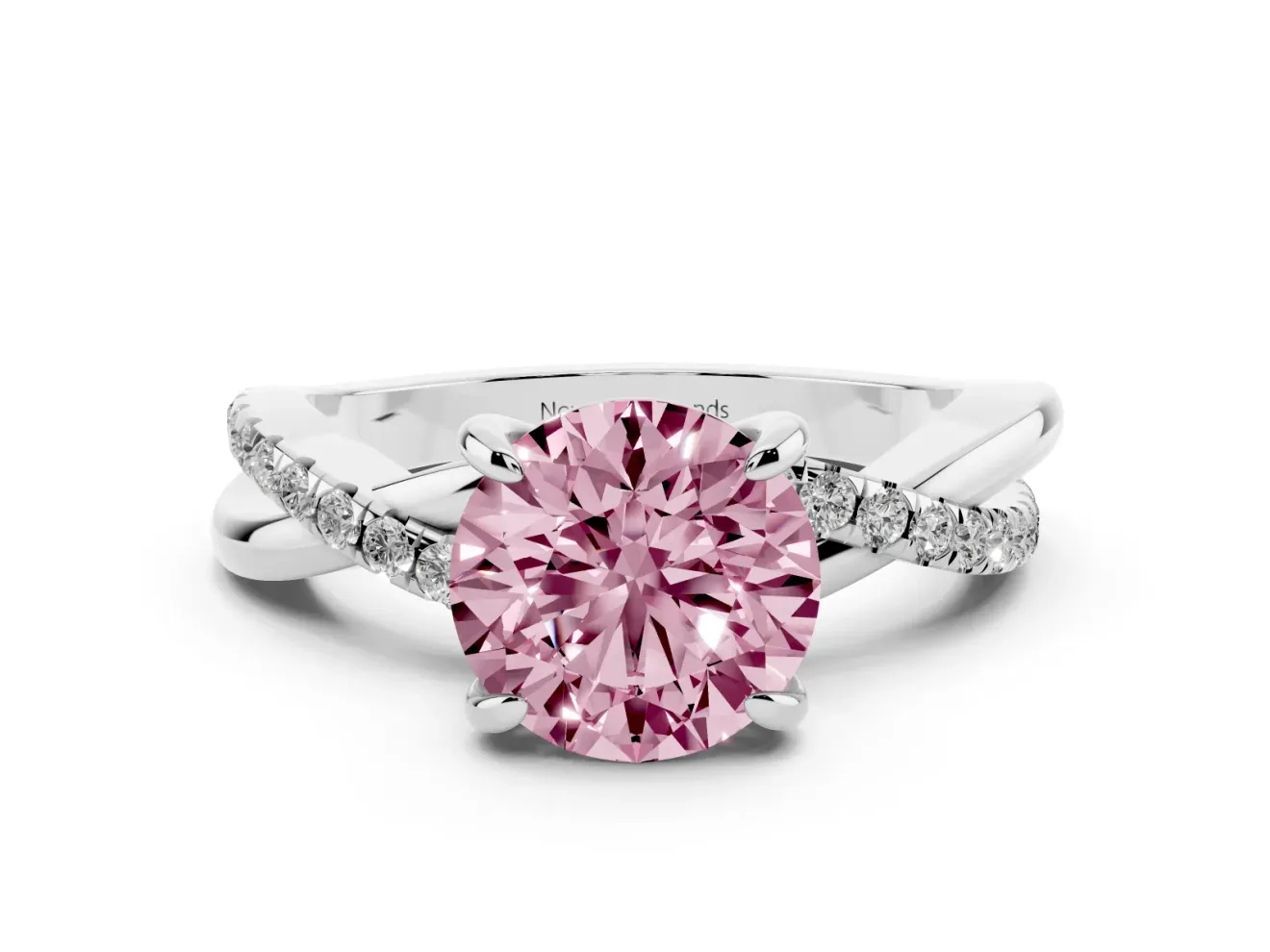 Fancy Pink Round Cut Diamond Twist Band Solitaire Set in White gold with Pavé Accents and Prong Setting