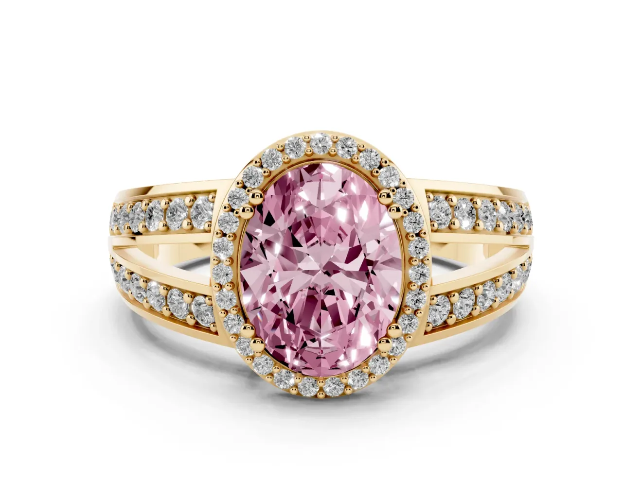 Fancy Pink Oval Cut Diamond Halo Ring Set in Yellow gold with Double Pavé Split Shank