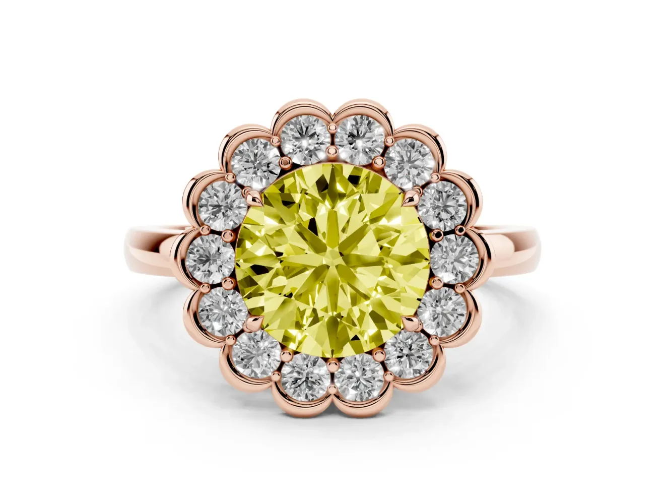 Round Scalloped Cluster Halo Engagement Ring Setting for a Fancy Yellow Lab-Grown Diamond | Plain Band | Rose Gold