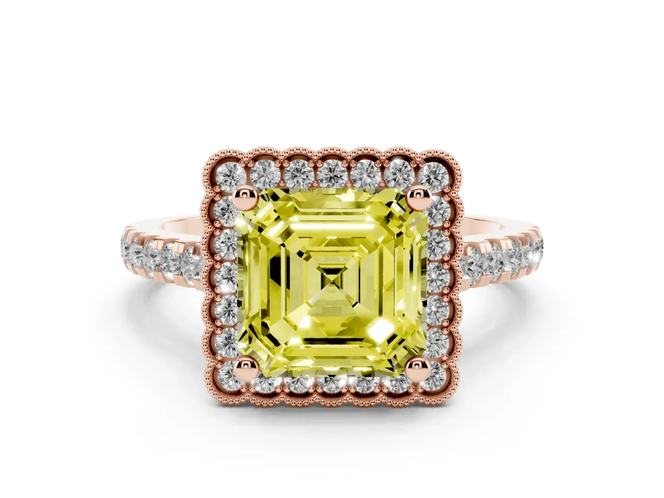 Fancy Yellow Asscher Cut Diamond Milgrain Floral Halo Engagement Ring Set in Rose gold with Pavé Band