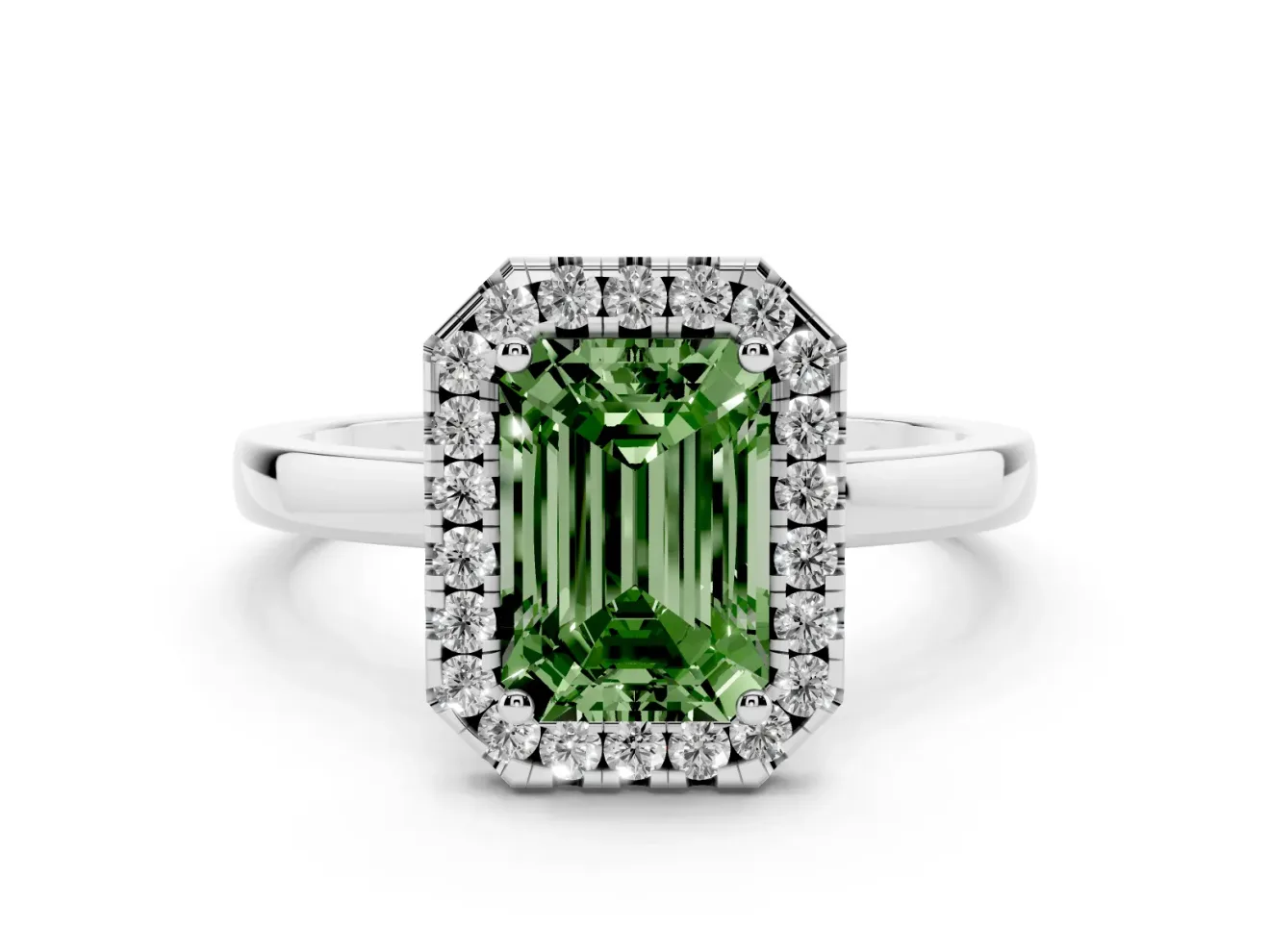 Fancy Green Emerald Cut Diamond Halo Solitaire Ring Set in White gold with Pavé Band and Prong Setting