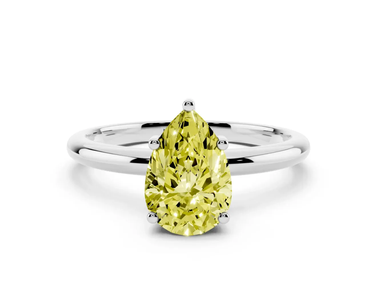 Fancy Yellow Pear Cut Diamond Solitaire Engagement Ring Set in Platinum with Prong Setting and Polished Band