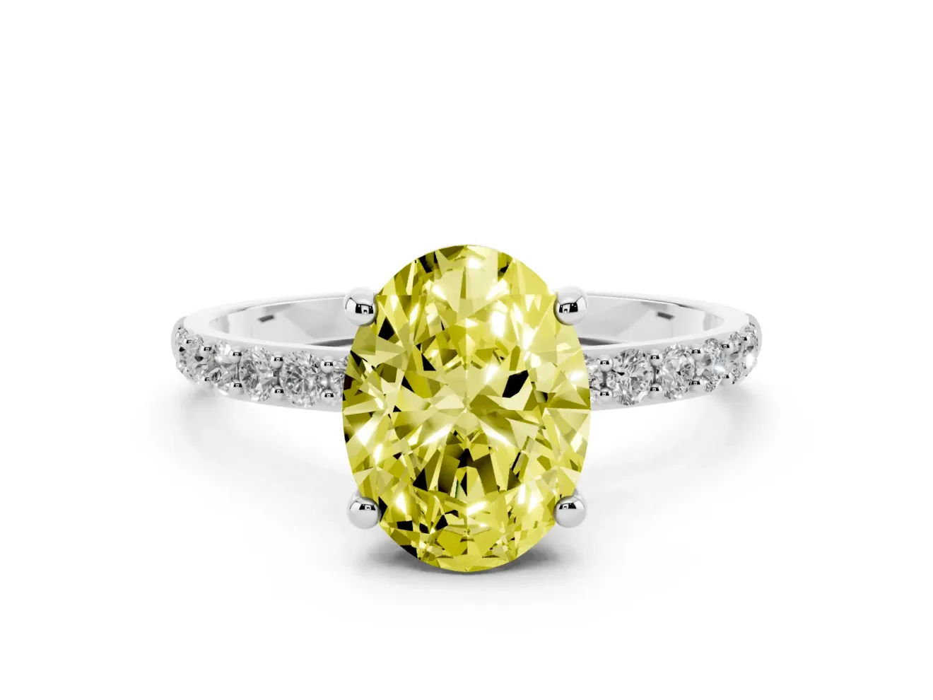 Fancy Yellow Oval Cut Diamond Solitaire Ring Set in Silver with Round Pavé Band and Prong Setting