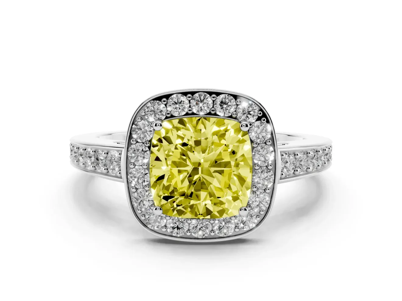 Fancy Yellow Cushion Cut Diamond Halo Pavé Engagement Ring Set in Platinum with Bezel Setting