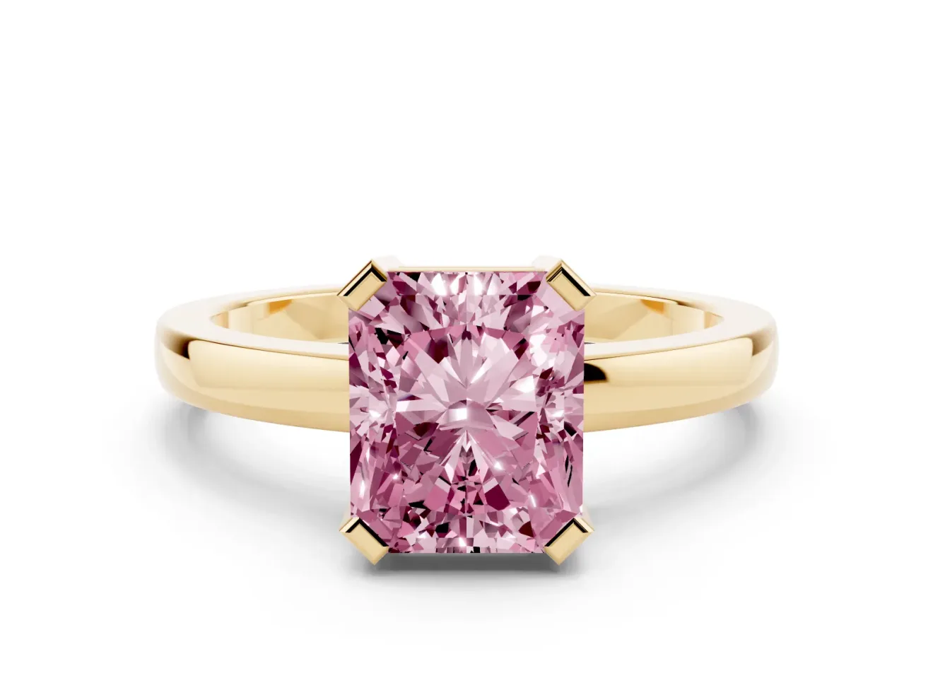 Fancy Pink Radiant Cut Diamond Solitaire Ring Set in Yellow gold with Prong Head and Smooth Polished Band