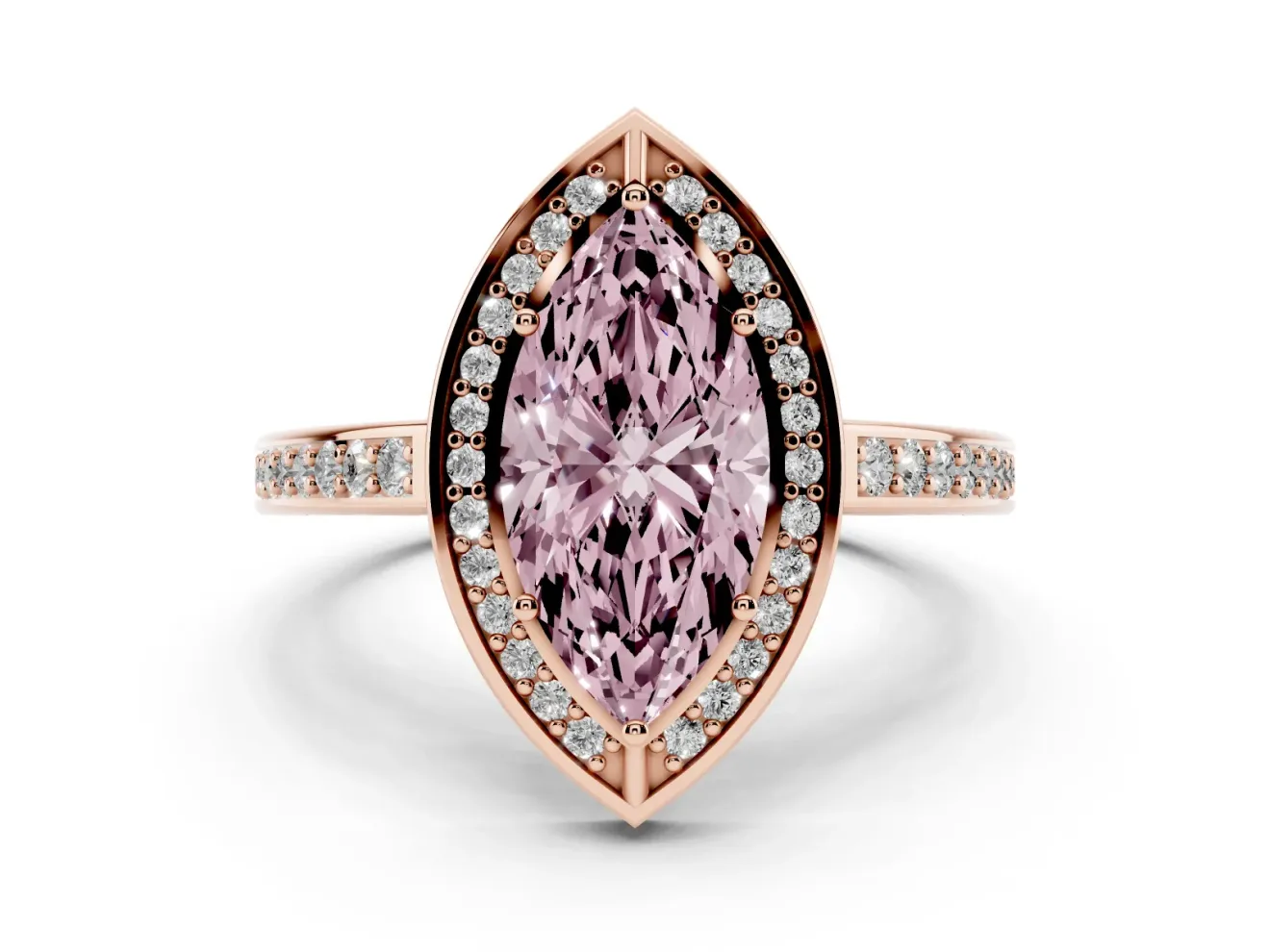 Fancy Pink Marquise Cut Diamond Halo Pavé Split Shank Ring Set in Rose gold with Prong Setting