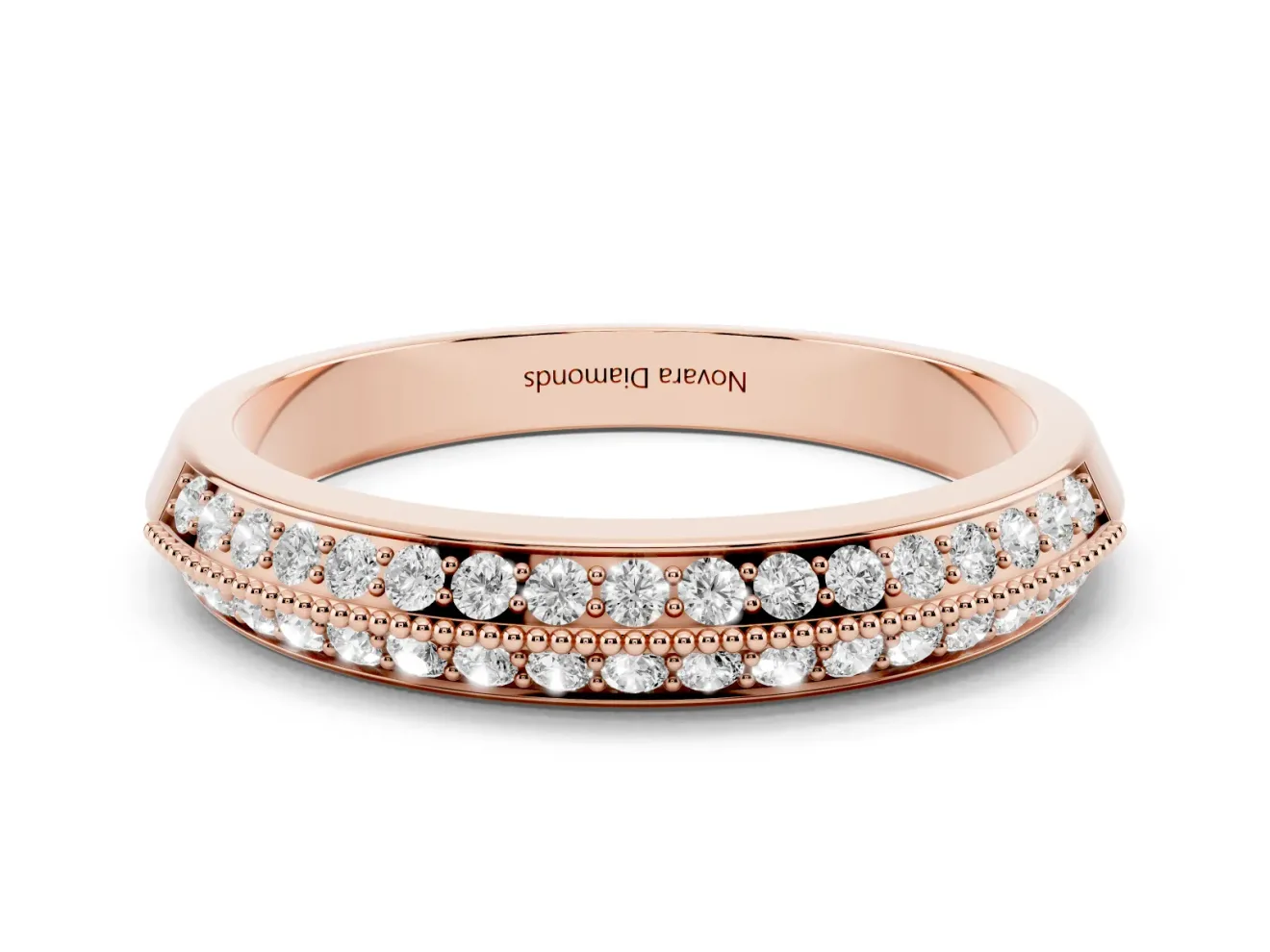 Round Lab-Grown Diamond Double Row Pavé Wedding Band | Milgrain Edging | Rose Gold