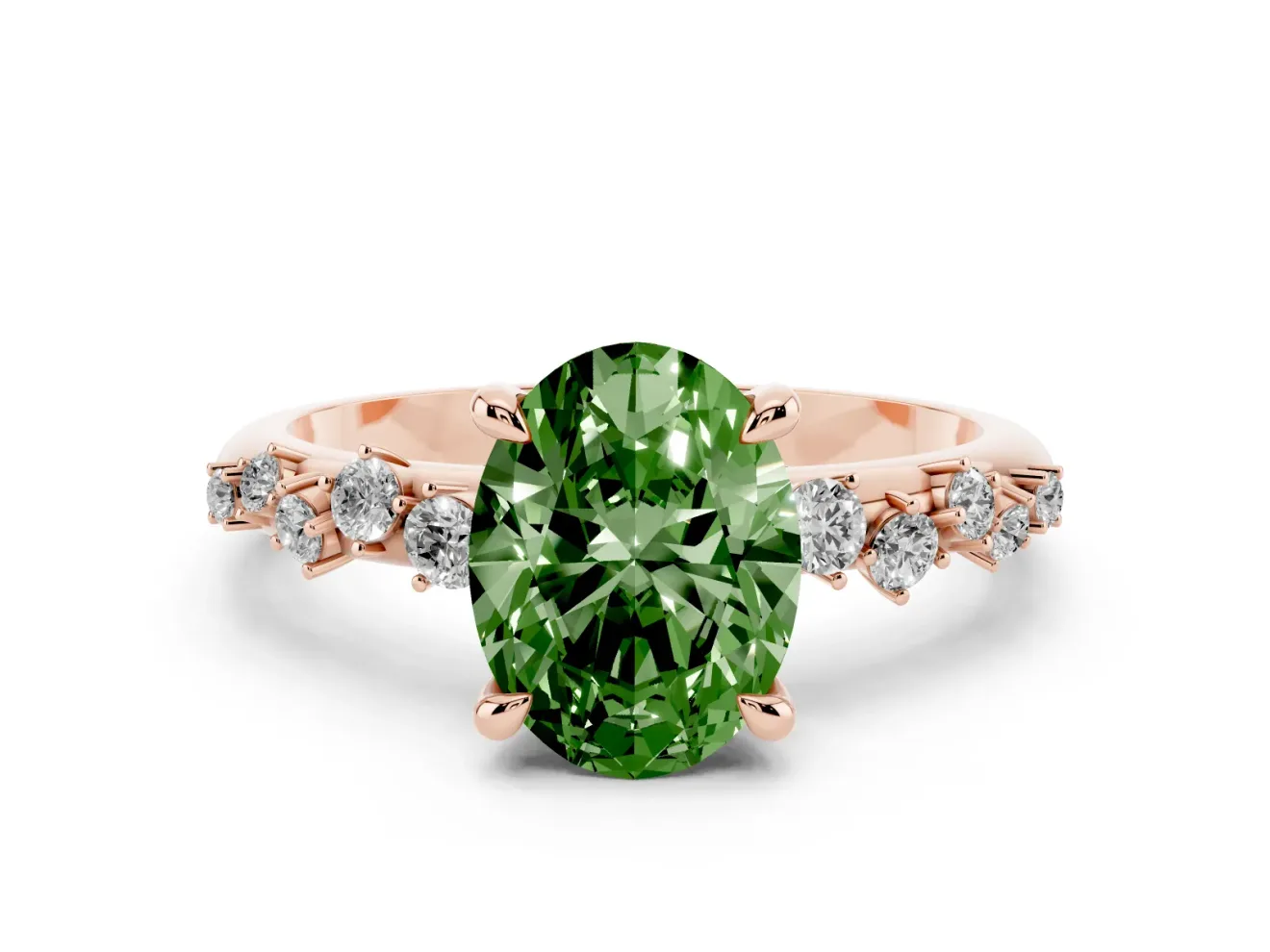 Fancy Green Oval Cut Diamond Solitaire Vine Band Ring Set in Rose gold with Round Accents and Prong Setting