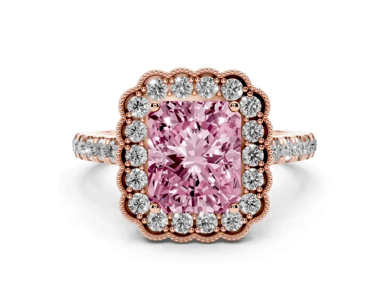 Fancy Pink Radiant Cut Diamond Milgrain Floral Halo Engagement Ring Set in Rose gold with Pavé Band