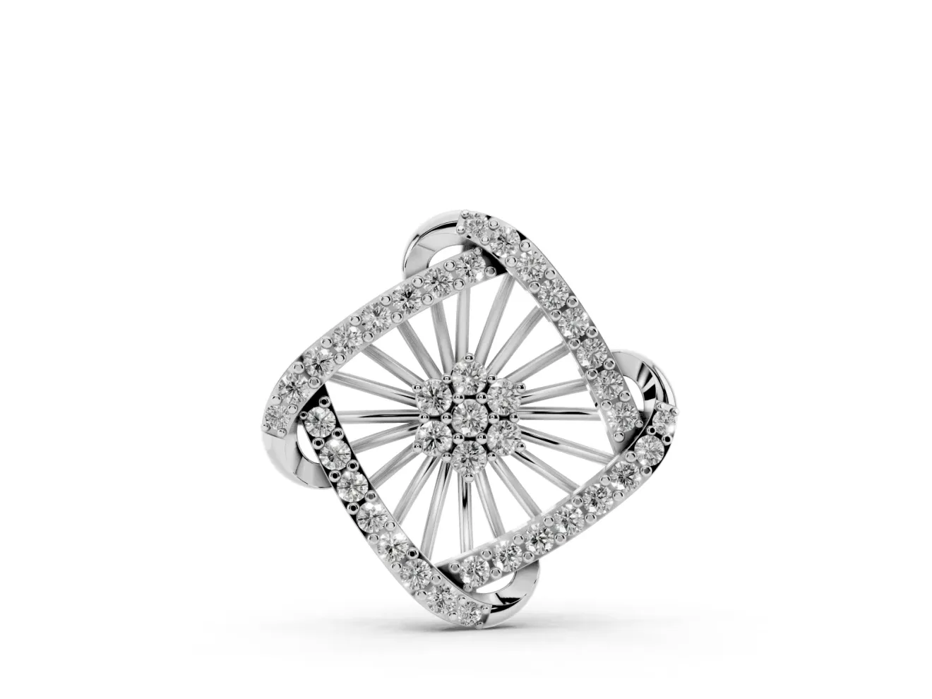 Round Lab-Grown Diamond Cluster Sunburst Pendant Necklace | Pavé Swirl Frame | White Gold