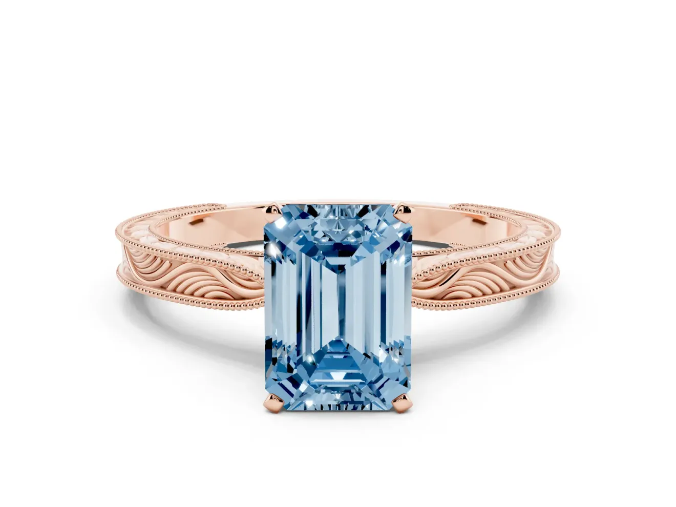 Emerald Cut Engraved Engagement Ring Setting for a Fancy Blue Lab-Grown Diamond | Rose Gold
