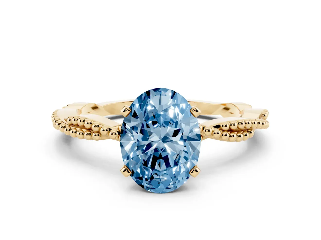 Fancy Blue Oval Cut Diamond Solitaire Ring Set in Yellow gold with Twisted Band and Bead Prong Setting