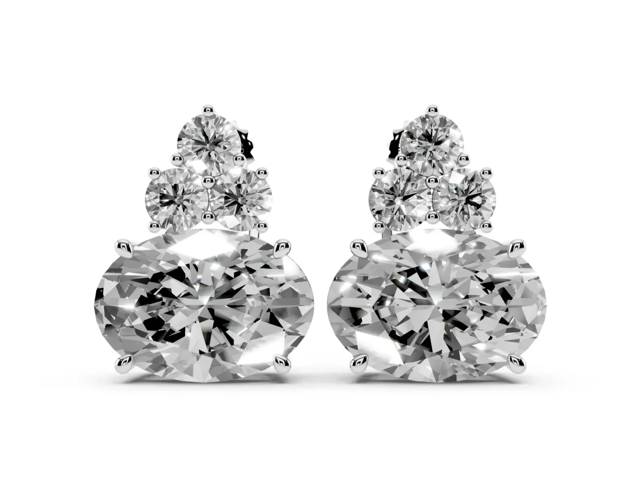 Oval Lab-Grown Diamond East-West Cluster Stud Earrings | Round Accent Trio | White Gold