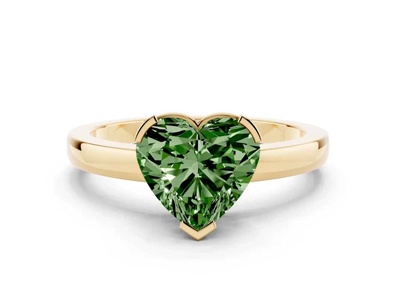 Fancy Green Heart Cut Diamond Solitaire Ring Set in Yellow gold with Prong Head and Smooth Polished Band