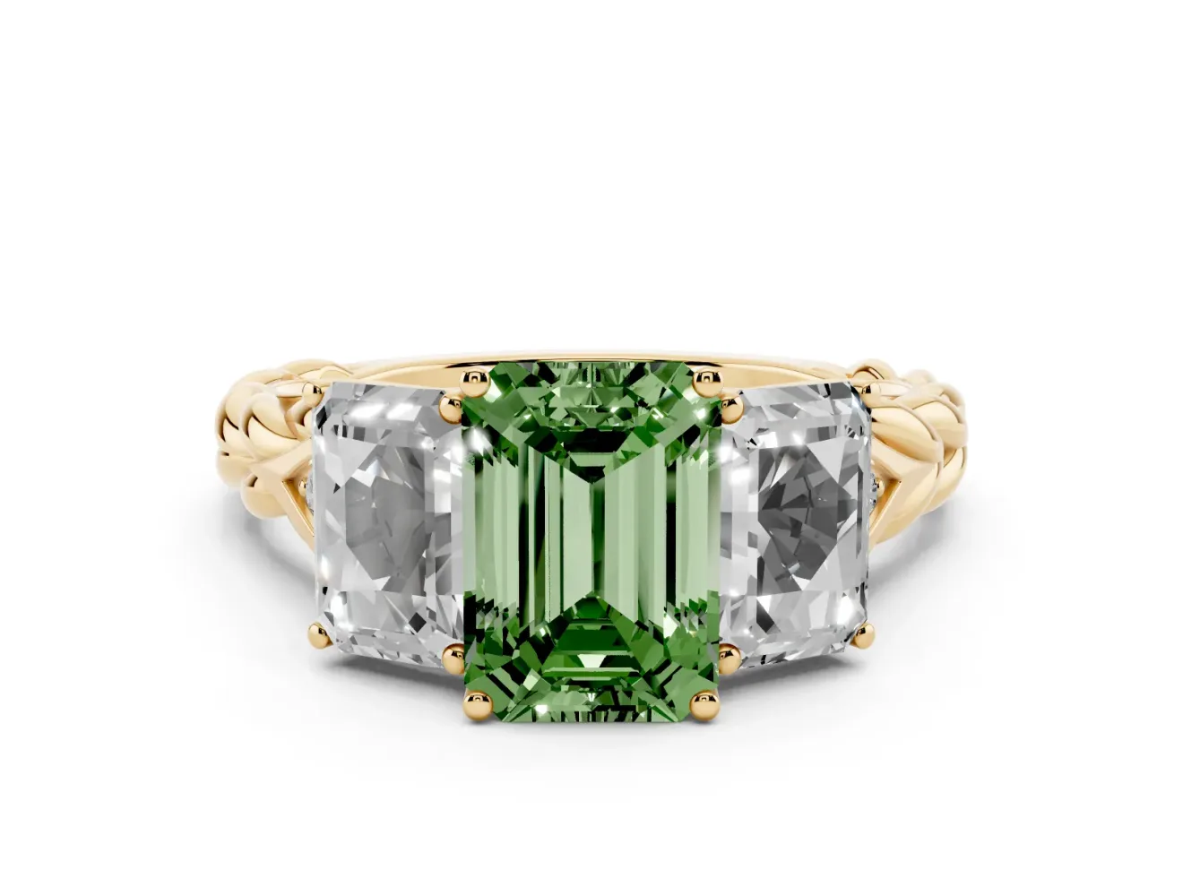 Fancy Green Emerald Cut Diamond Three-Stone Ring Set in Yellow gold with Braided Band