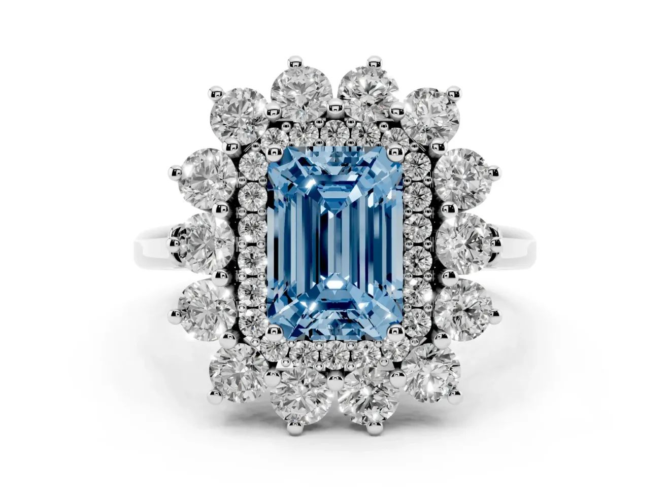 Emerald Cut Floral Double Halo Engagement Ring Setting for a Fancy Blue Lab-Grown Diamond | Plain Band | Sterling Silver