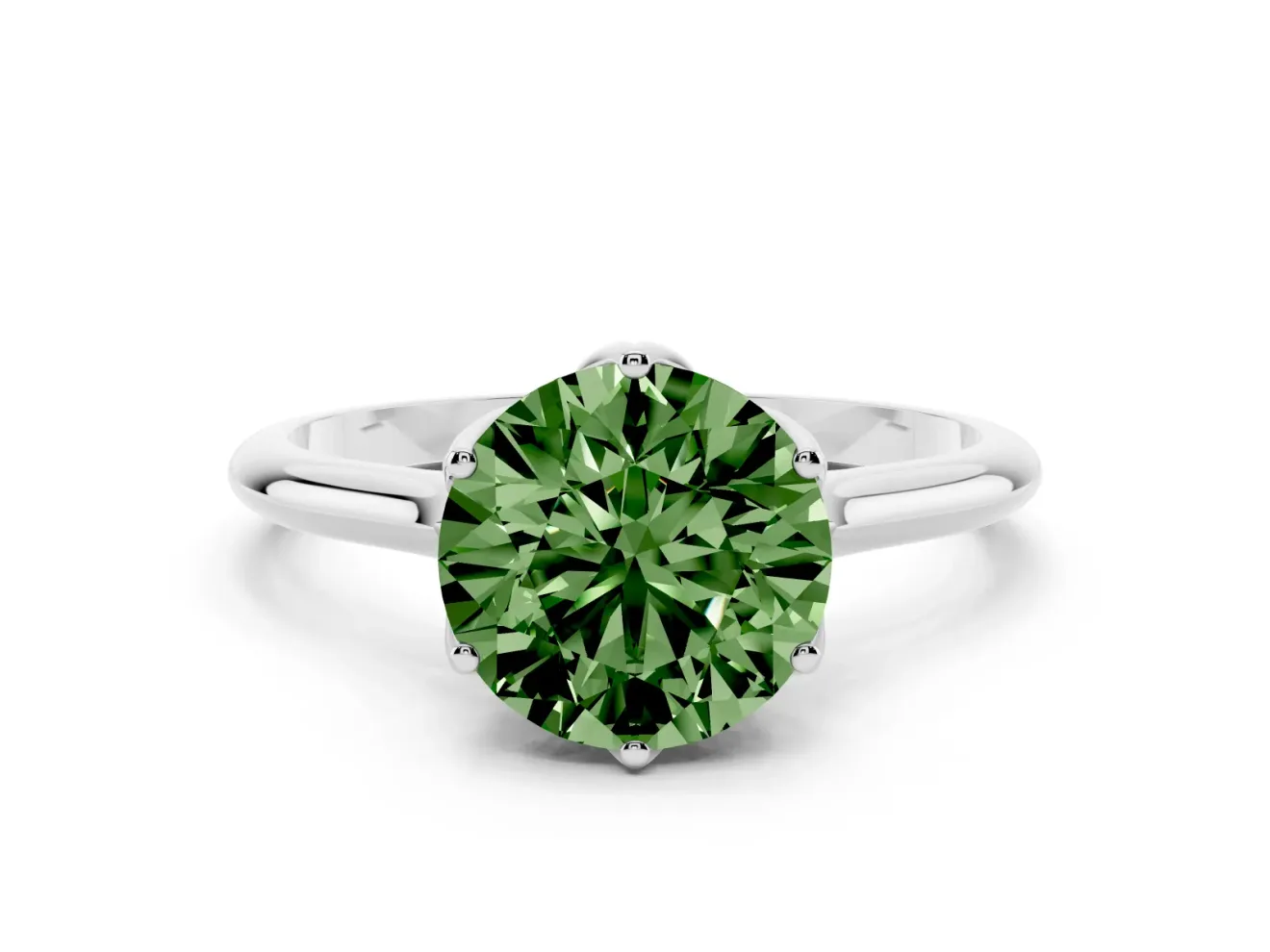Fancy Green Round Cut Diamond Solitaire Cathedral Ring Set in White gold with Prong Setting