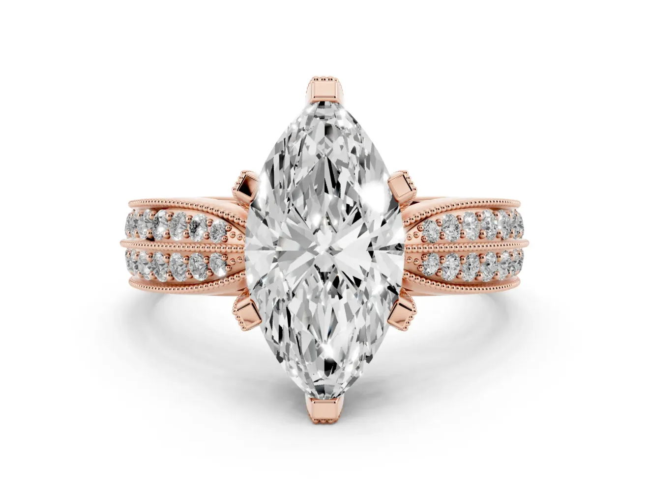 Marquise Cut Diamond Solitaire Ring Set in Rose gold with Milgrain Double Row Round Pavé Band
