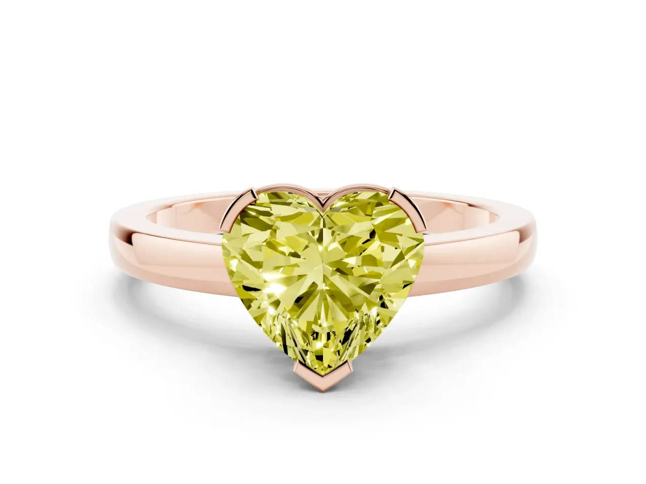 Fancy Yellow Heart Cut Diamond Solitaire Ring Set in Rose gold with Prong Head and Smooth Polished Band