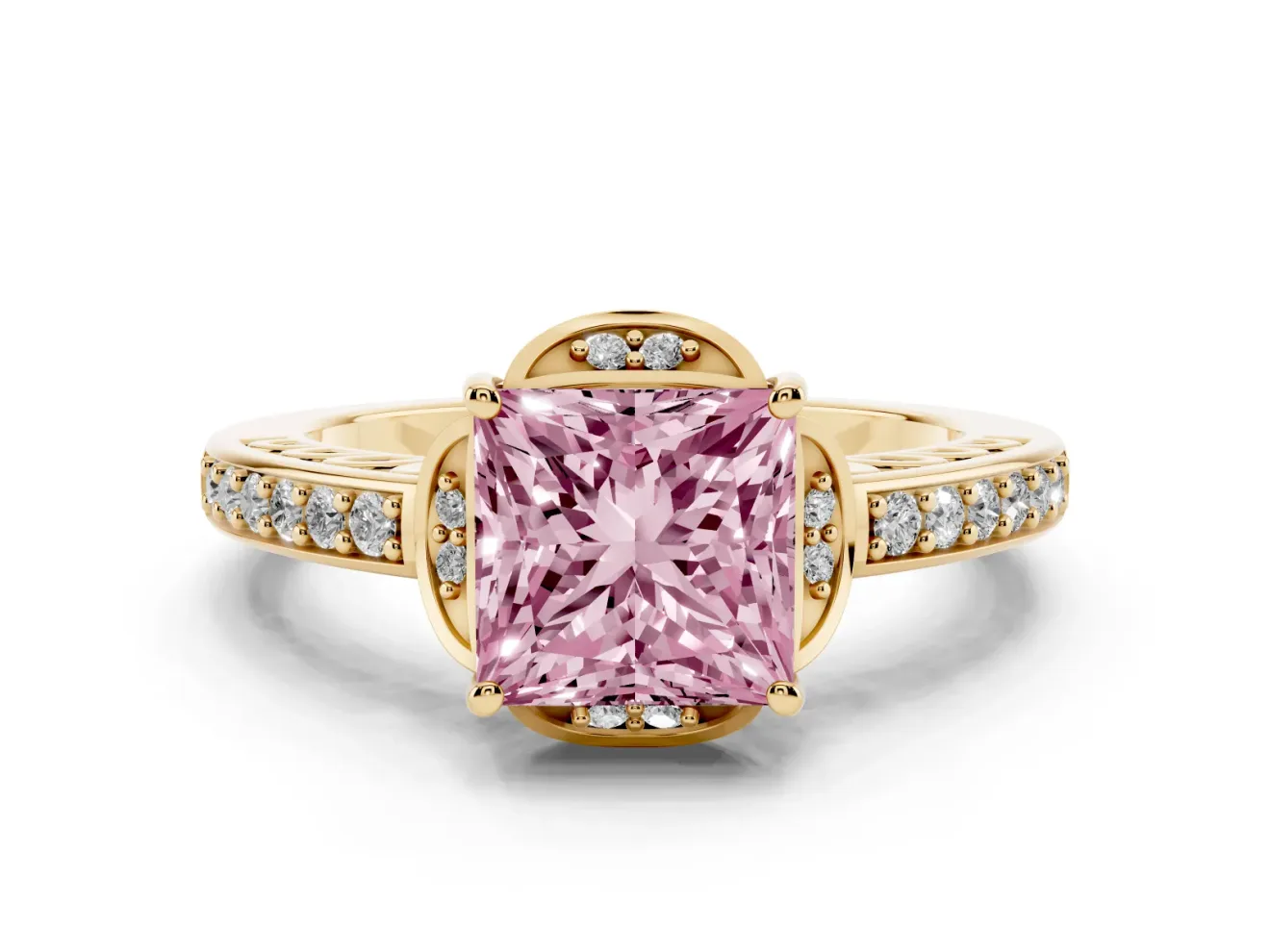 Princess Cut Floral Pavé Engagement Ring Setting for a Fancy Pink Lab-Grown Diamond | Yellow Gold