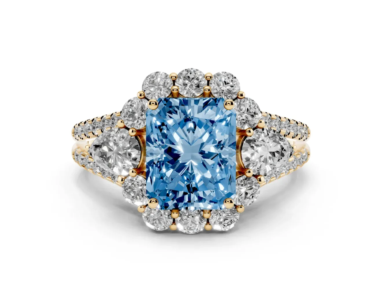 Radiant Cut Scalloped Halo Engagement Ring Setting for a Fancy Blue Lab-Grown Diamond | Pear Side Stones | Yellow Gold