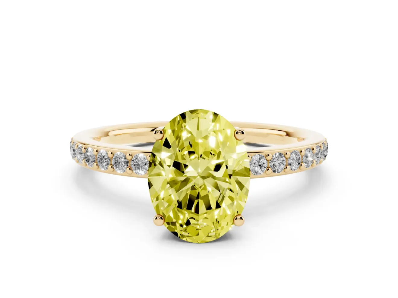 Fancy Yellow Oval Cut Diamond Pavé Band Ring Set in Yellow gold with Prong-Set Center Stone