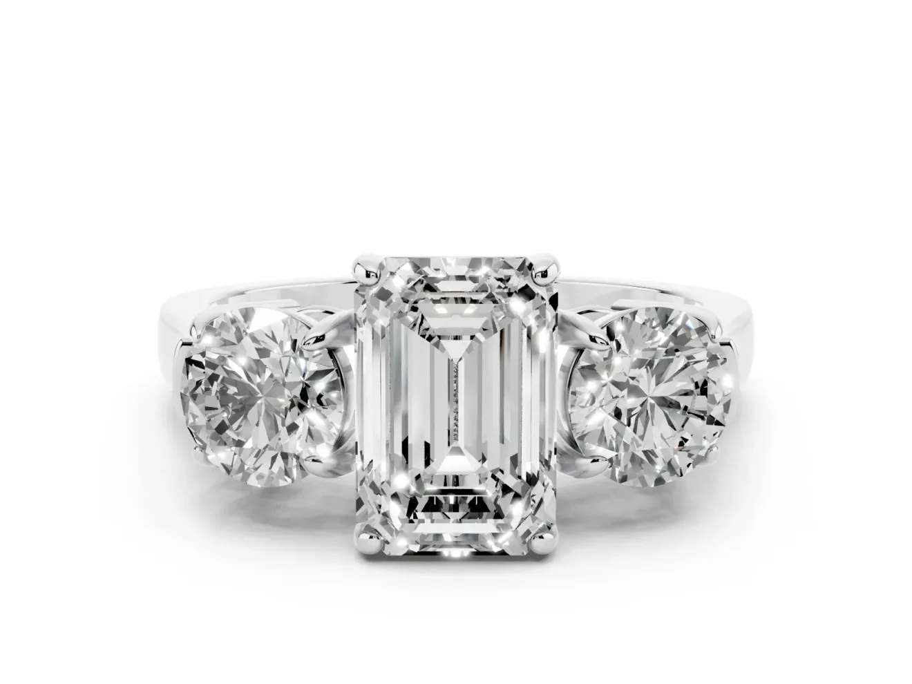 Emerald Cut Three Stone Engagement Ring Setting | Round Side Stones and Open Baskets | White Gold