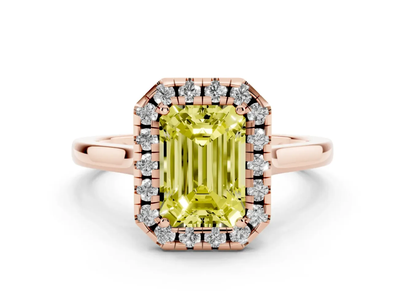 Emerald Cut Halo Engagement Ring Setting for a Fancy Yellow Lab-Grown Diamond | Flat Tapered Band | Rose Gold