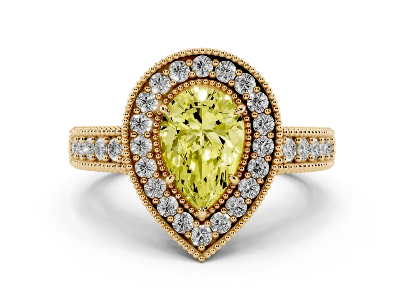 Fancy Yellow Pear Cut Diamond Halo Ring Set in Yellow gold with Round Accent Halo, Pavé Band and Prong Setting