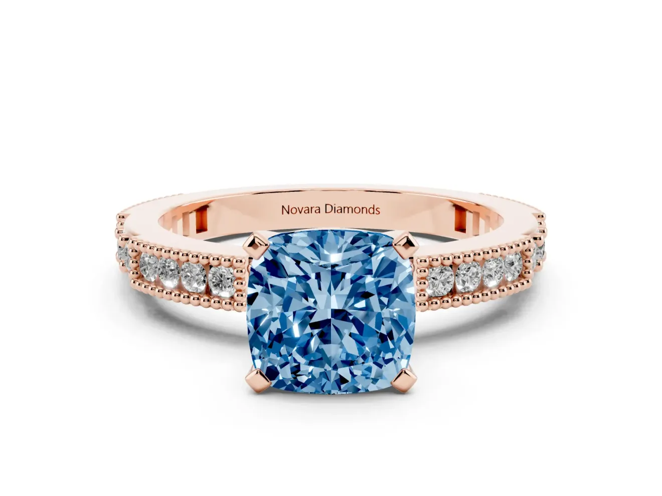 Fancy Blue Cushion Cut Diamond Solitaire Ring Set in Rose gold with Slim Pavé Band and Prong Setting