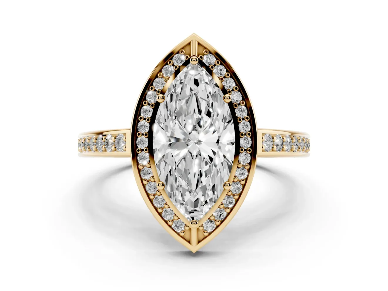 Marquise Cut Diamond Halo Pavé Split Shank Ring Set in Yellow gold with Prong Setting
