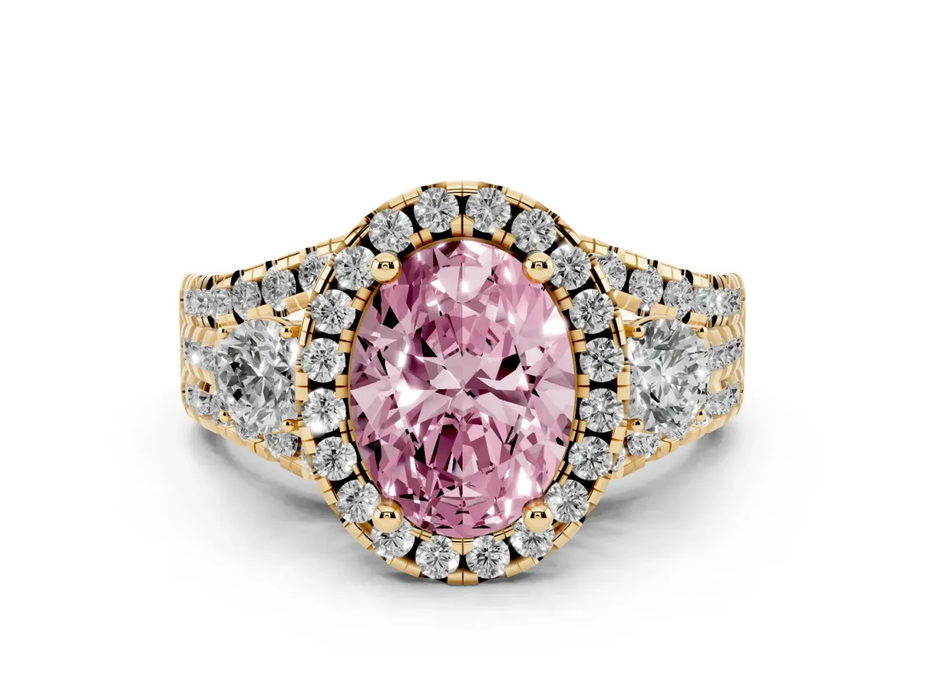 Oval Halo Split Shank Engagement Ring Setting for a Fancy Pink Lab-Grown Diamond | Round Side Stones | Yellow Gold