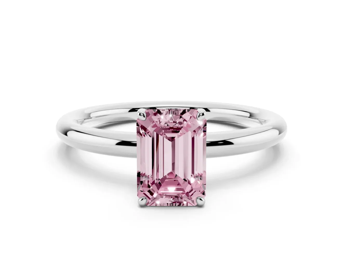 Fancy Pink Emerald Cut Diamond Solitaire Ring Set in Silver with Prong Setting on a Polished Plain Band