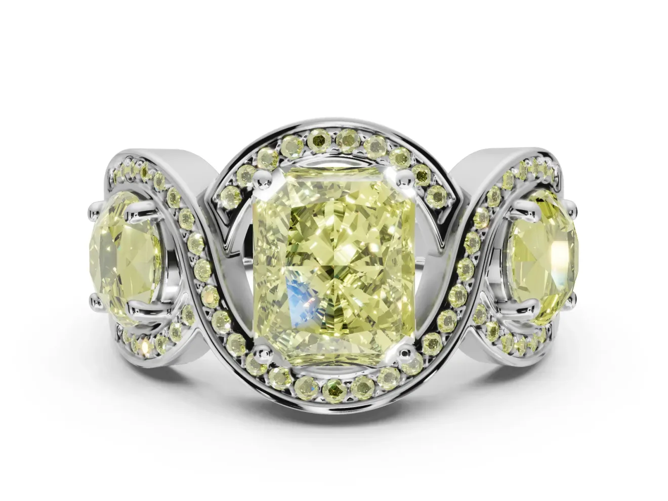 Radiant Cut Three Stone Engagement Ring Setting for a Fancy Yellow Lab-Grown Diamond | Pavé Wave Band | Sterling Silver