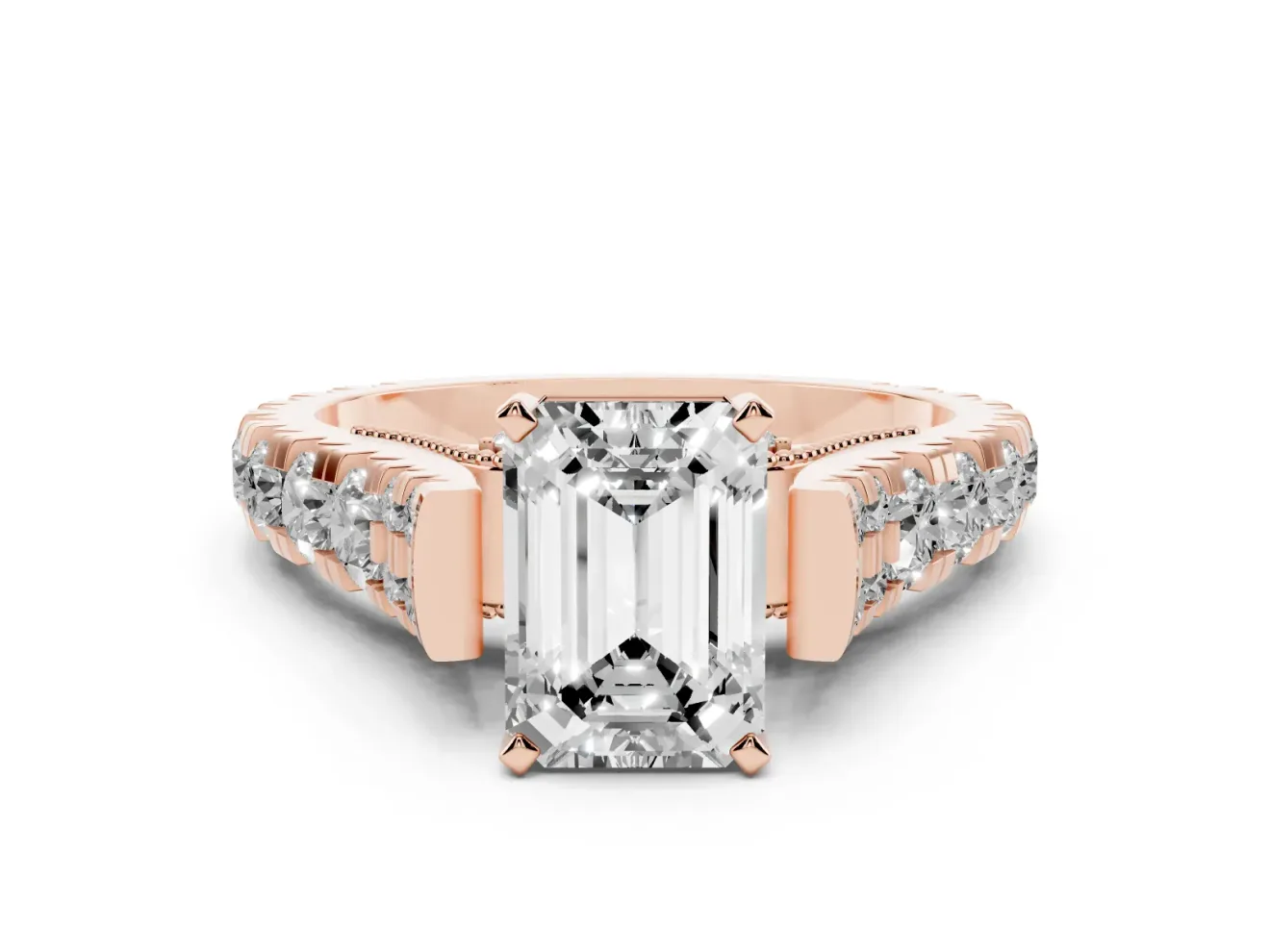 Emerald Cut Diamond Classic Solitaire Ring Set in Rose gold with Pavé Band and Prong Setting